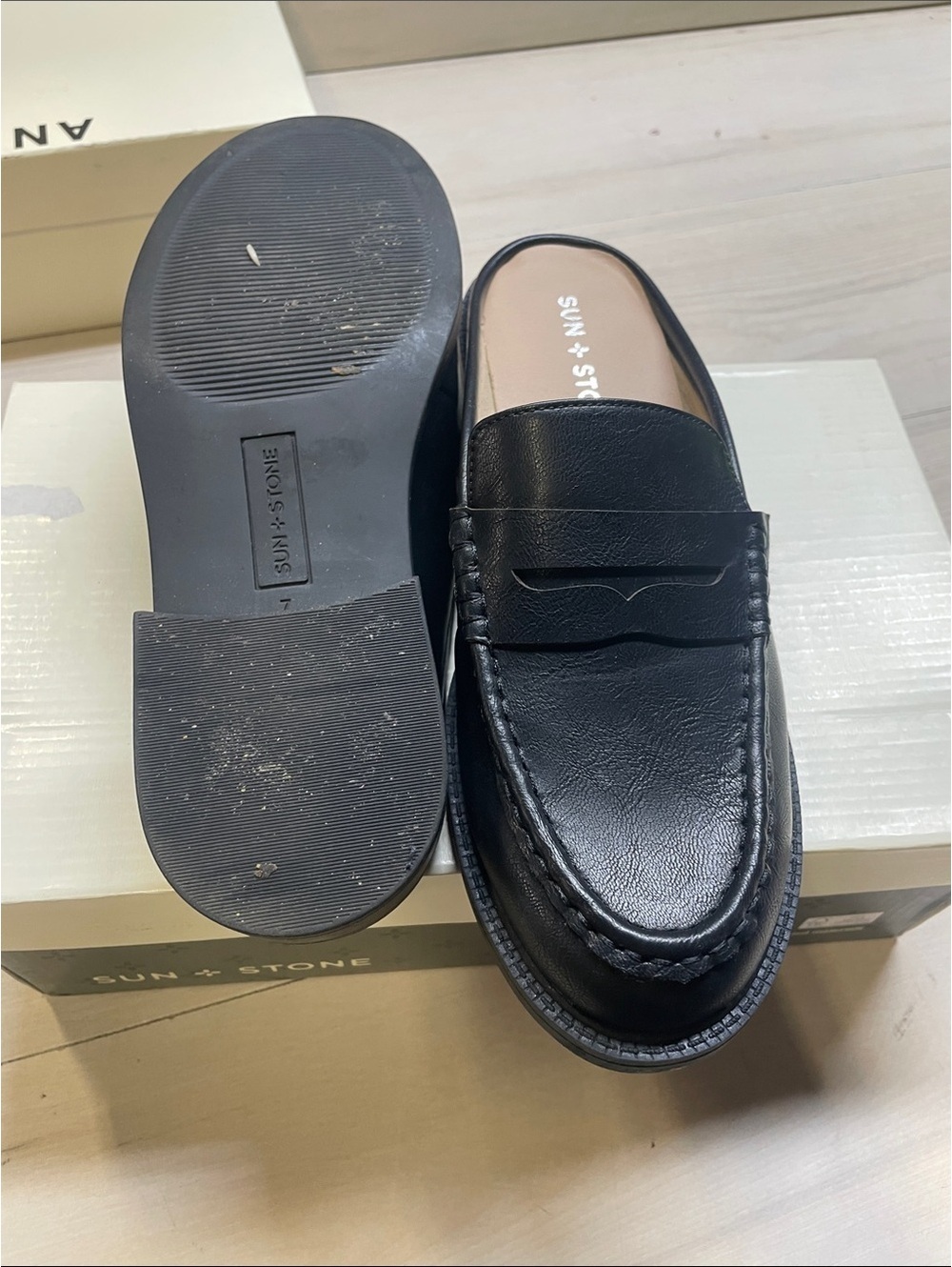 Sun + Stone Black Leather Penny Slip-On Loafers #518